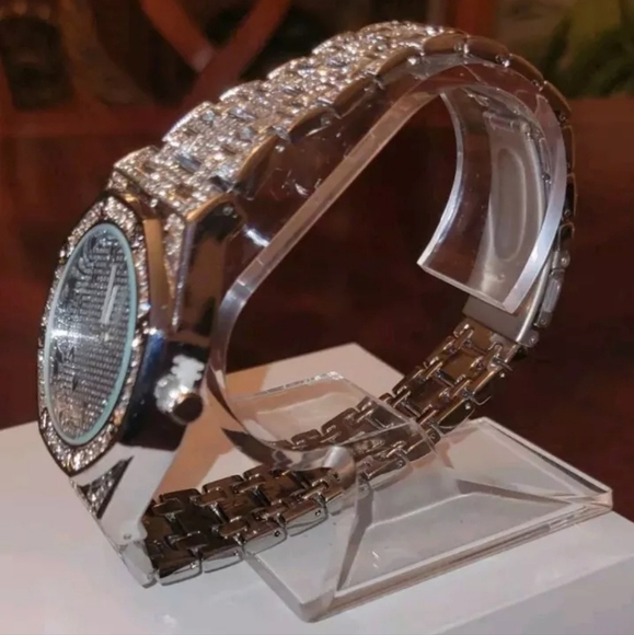 Men's Iced Simulated Diamond CZ Silverplated Alloy Arabic Numeral Quartz Watch - Picture 13 of 16